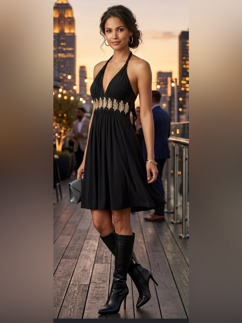 Vintage Sky Y2K Stretchy Size Large M Gold Feather black dress 2000s halter VNT